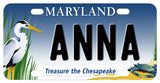 Chesapeake Treasure mini license plate with Heron and Crab. Any name personalized in the center.