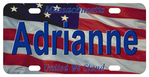 Massachusetts United We Stand U.S. Flag Mini License Plate Personalized with any name
