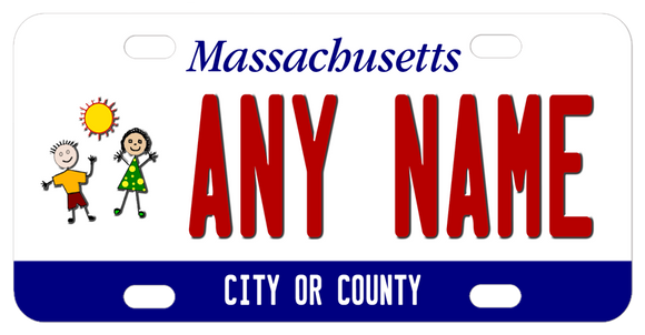Massachusetts bicycle license plate with a boy, girl and sun, personalize with any name in center and city or county on the bottom