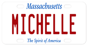 Simple white plate with Massachusetts on top and The Spirit of America on bottom personalized in center with any name or custom text.