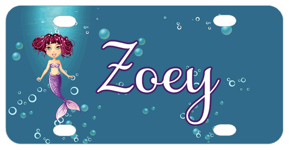 Cute mermaid dressed in purple tail and bra on Left in deep blueish background with bubbles Name in center in script white font with matching purple outline on name