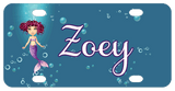 Cute mermaid dressed in purple tail and bra on Left in deep blueish background with bubbles Name in center in script white font with matching purple outline on name