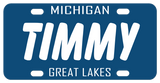 Michigan All Blue License Plate with white text, inspired by the 1983 version of the state's plate. Personalized with your name in the center