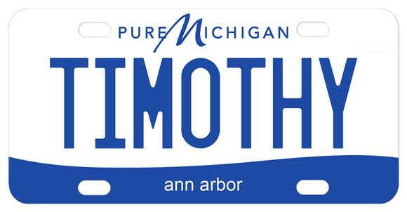 Miniature License Plates with Pure Michigan Design personalized with any name and city or custom text offered in 6 plate sizes