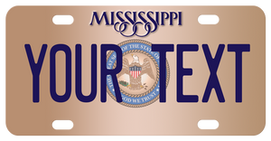 New Mississippi mini replica bike plate in tan tones with the state seal  personalized with any text.