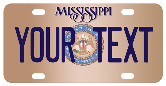 New Mississippi mini replica bike plate in tan tones with the state seal  personalized with any text.