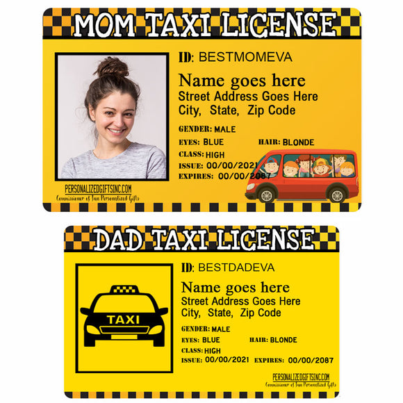 Mom Taxi License personalized id with or without your photo. Joke License ID for Moms, Dads and Coaches