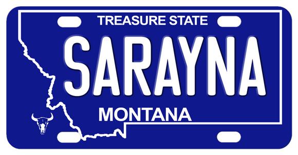 Montana state outline on a blue license plate personalized with any name with white text