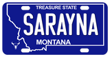 Montana state outline on a blue license plate personalized with any name with white text