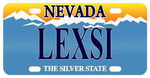 Nevada License plate with snow capped blue mountains and orange yellow sky personalized with any name in the center