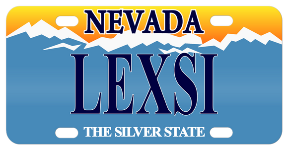 Nevada License plate with snow capped blue mountains and orange yellow sky personalized with any name in the center