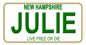 New Hampshire simple white license plate with graphical gold rim and your name