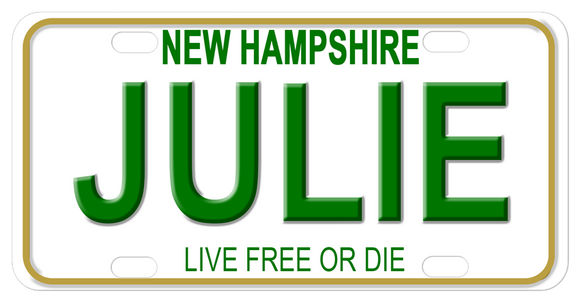 New Hampshire simple white license plate with graphical gold rim and your name