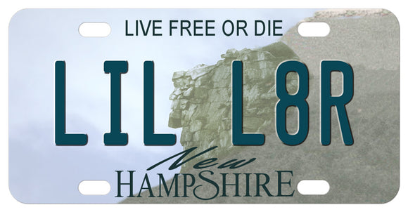 New Hampshire, mini license tag with face in mountain in the center of the plate