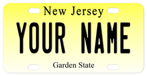 New Jersey License Plate Gradient Yellow Background New Jersey on top Garden State on bottom Personalized with any text in center.