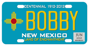 New Mexico 1912-2012 Centennial License plate in blue with zia sun symbol and any name