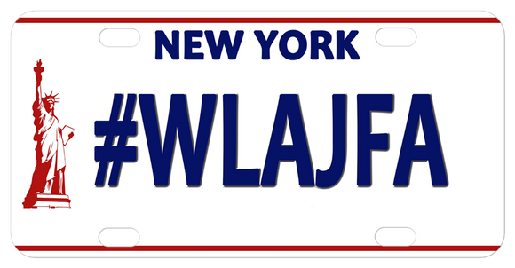 The NY Liberty Plate has a red line on top and bottom with lady liberty on the left. New York is on top between the two holes leaving both the center and bottom area open for your personalized text.