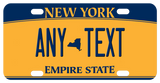 NY Empire gold novelty plate with state icon in center of text indicated by -- (double dash)
