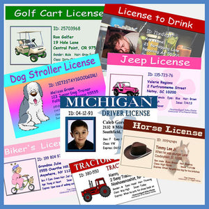 Personalized novelty joke licenses for adults and fake drivers licenses for kids. 