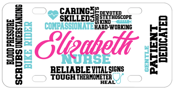 Word Art Caring Statements about Nurses randomly placed in black and seafoam-turquoise surrounding any nurses name shown in hot pink but change to your choice of color and font