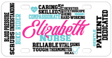 Word Art Caring Statements about Nurses randomly placed in black and seafoam-turquoise surrounding any nurses name shown in hot pink but change to your choice of color and font