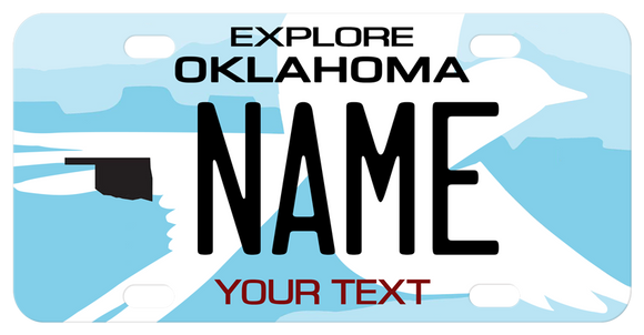 custom mini bike plate for Oklahoma with flycatcher bird and your name and custom text