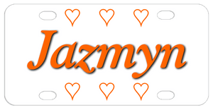 Three open hearts on top and bottom with name in center  shown in orange with black drop shadow.