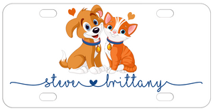 Cartoon Dog and Cat touching cheeks License Plate with any text 