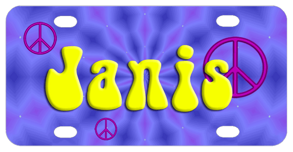 psychedelic purple kaleidoscope background with peace signs and name in yellow bubble font