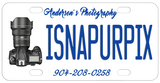 Zoom lens camera on left with isnapurpix in cetner and photographers name on top and telephone number on bottom but all three areas are personalized with your custom text, not our sample text