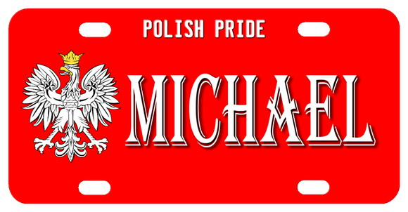 Polish Eagle on red background with top text and center name