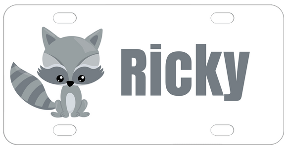 Gray cartoon raccoon (really cute) and name in gray to the right on white background bike plate