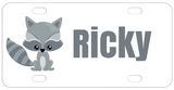 Gray cartoon raccoon (really cute) and name in gray to the right on white background bike plate