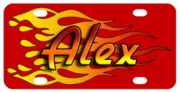 Red background with gradient color flames and name