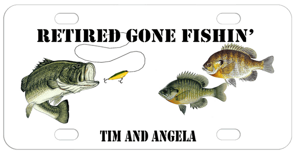 Retired Gone Fishin' on top a Bass with a lure near its mouth and two other fish on the right.  Any names or text on the bottom
