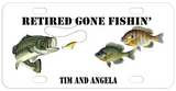Retired Gone Fishin' on top a Bass with a lure near its mouth and two other fish on the right.  Any names or text on the bottom