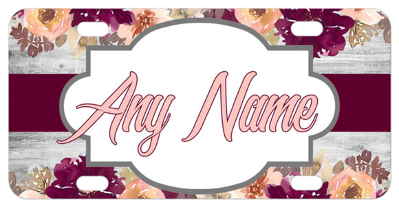 Peach and Maroon flowers on a custom bike plate with any name
