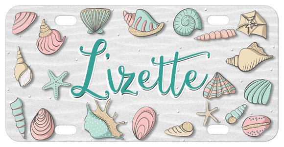 Pretty Cartoon Sea Shells in soft pinks, mauves and tan colors all around the border of the plate with any name or text in center.