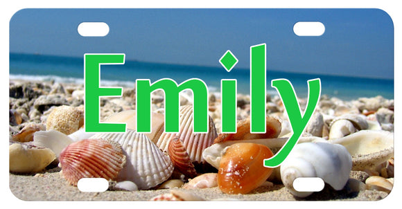 Beautiful Photo of Sea Shells clustered all around on the sand of a beach showing the water and sky. Any Name personalized in your choice of color and font