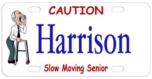 Gentleman shirt and tie with a walker. Plate Reads Caution on top and Slow Moving Senior on bottom.  Any name can be personalized in the center.