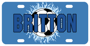 Personalized Soccer Theme License Plate with soccer ball on cool blue flames and a blue background. Any name personalized in the center of the plate
