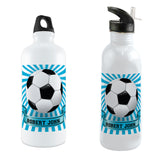 Soccer ball in a blue and white sunburst background with any name in a stylish banner on your choice of water bottle