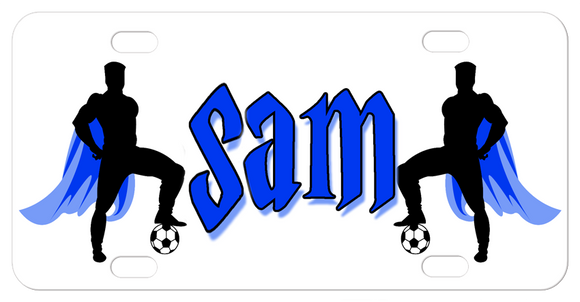 Soccer Theme Super Heroes with cape with their foot on the soccer ball on a custom license plate personalized with a name