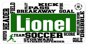 Soccer words artfully placed on a custom license plate personalized with any name