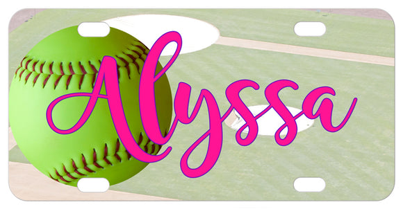 Green Softball personalized bike plate with diamond backdrop and any name or custom text.
