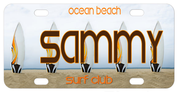 Personalized License Plates with Surf Boards standing in the sand on a beach. Personalized with any name and custom text.