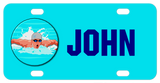 Male competitive swimmer in a circle with any name personalized on a blue license plate