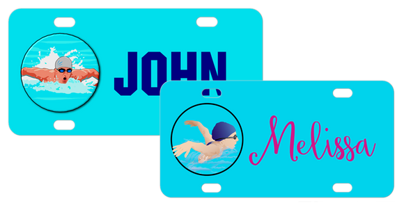 choose from male or female swimmer on a custom license plate for swim team swimmers.