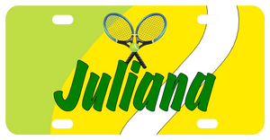 Personalized License Plates Tennis ball design background with rackets on top of any name personalized.