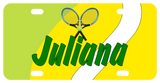Personalized License Plates Tennis ball design background with rackets on top of any name personalized.